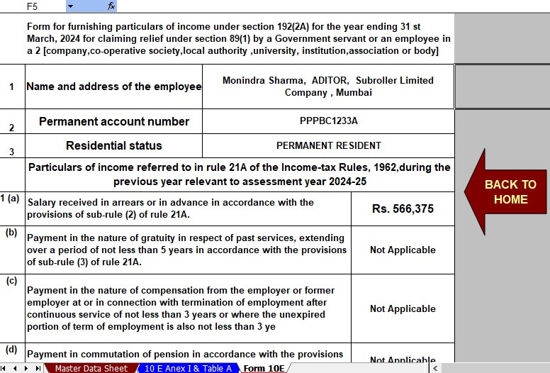 Download Automatic Income Tax Arrears Relief Calculator U/s 89(1) with Form 10E from the F.Y.2000-01 to F.Y.2023-24 in Excel